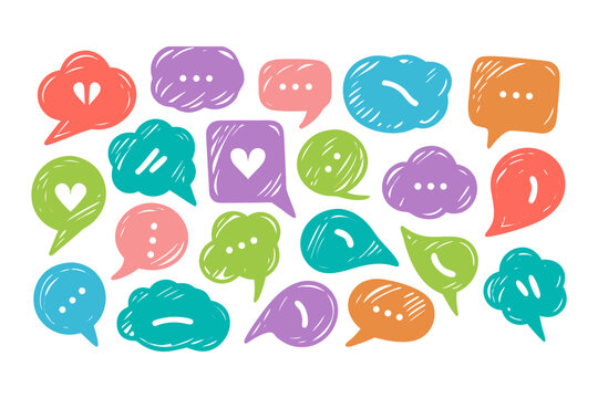 
Colorful hand drawn speech bubbles collection. Doodle chat icons collection for communication, social media, or messaging design vector illustration.