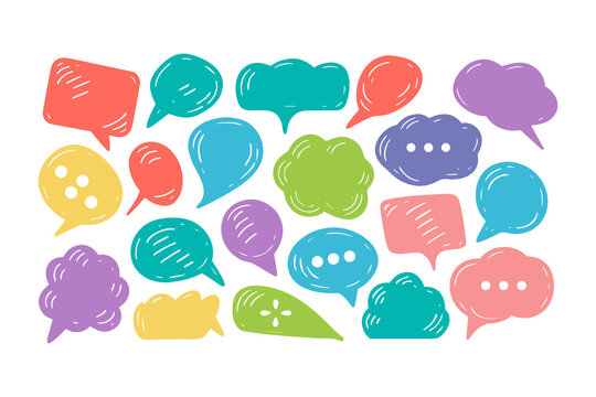 
Colorful hand drawn speech bubbles collection. Doodle chat icons collection for communication, social media, or messaging design vector illustration.