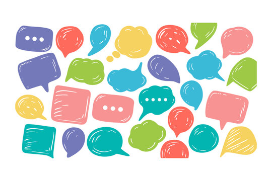 
Colorful hand drawn speech bubbles collection. Doodle chat icons collection for communication, social media, or messaging design vector illustration.