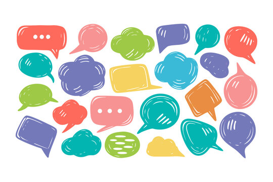 
Colorful hand drawn speech bubbles collection. Doodle chat icons collection for communication, social media, or messaging design vector illustration.