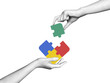 © Valentina Shilkina - Modern collage hands connect puzzle pieces. Teamwork concept, business idea, brainstorming. Creative solution. Merger of organizations. Partnership.