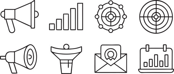 Fototapete - Marketing and promotion icon set, includes megaphone, target, email campaign, branding, analytics, sales funnel, black line minimal editable vector