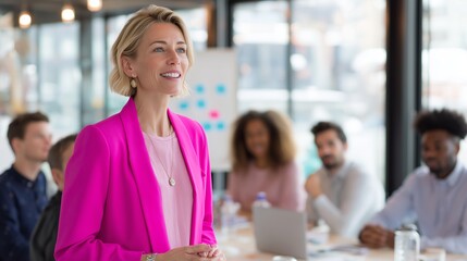 Poster - Businesswoman leading a team meeting in a modern office with engaged participants during daylight hours