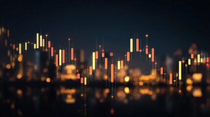 Poster - Financial candlestick chart at night over city