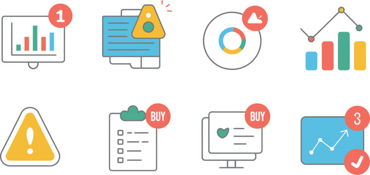 Illustration of business and marketing icons on a white background layout