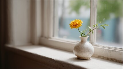 Poster - Beautiful yellow flower in a simple vase on a windowsill surrounded by soft natural light