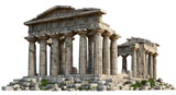 Majestic ancient Greek temple ruins with imposing columns and a crumbling pediment, on a transparent background