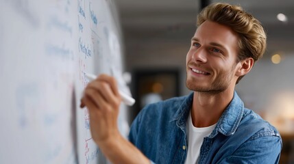 Poster - Man writing ideas on whiteboard in a modern office during daytime brainstorming session