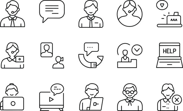 Line icons of customer service agents and support