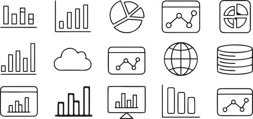 Poster - Analytics and data icon set, includes chart, graph, server, report, database, cloud storage, processing symbols, editable clean black line vector