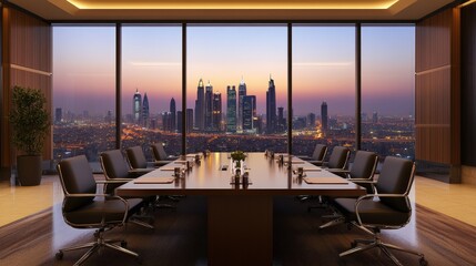 Poster - Elegant boardroom setup with minimal decor, structured seating arrangement, and a spectacular backdrop of the city skyline