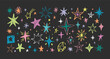 © Ukio.stock - Crayon stars. Colorful pencil hand drawn sparkles, bursts with chalk crayon texture on dark background. Comet, meteor cosmic icons. Kids scribble, Christmas doodle decoration. Vector isolated set