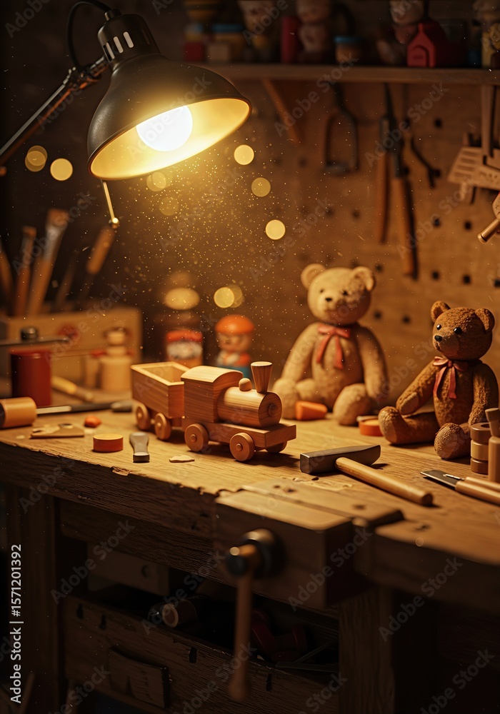 Magical scene from Santa's workshop showing a workbench with handmade ...