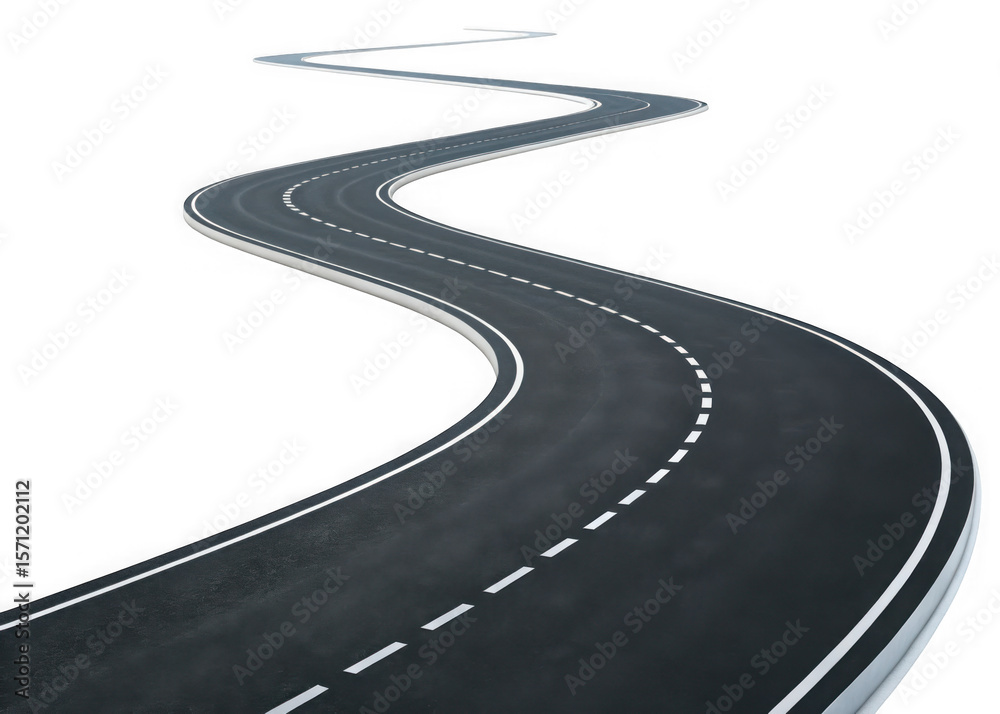 Curving asphalt road with white dashed lines isolated on transparent ...