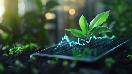 Poster - Global economic planning scene with digital tablet showing stock market insights, business trend lines, and sustainable asset strategy development