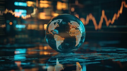 Poster - Global economic planning scene with digital tablet showing stock market insights, business trend lines, and sustainable asset strategy development