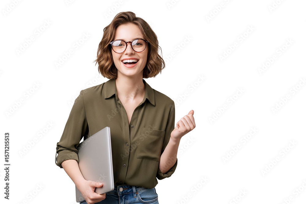 young woman holding laptop and showing thumbs up sign Stock Photo ...