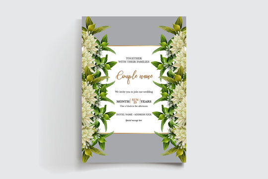 WEDDING INVITATION FRAME WITH FLOWER DECORATIONS AND FRESH LEAVES