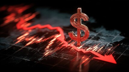 Poster - Eyecatching red downward line on a financial chart paired with a dollar sign illustrating the stark realities of market crashes. This image represents investment risk and economic challenges