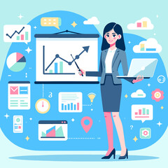 Poster - Cartoon Businesswoman Presenting Growth Chart with Laptop and Pointer Stick