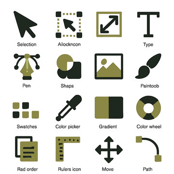 Graphic design tools icons: selection arrow, type tool, pen, shapes and color wheel