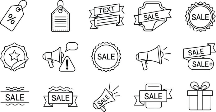 A collection of sale related icons including tags ribbons and megaphones