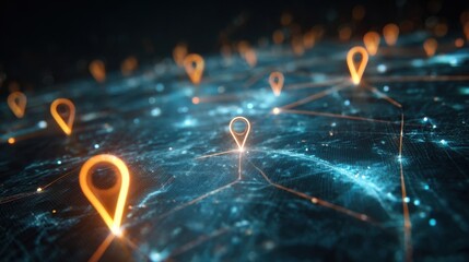 Poster - Dynamic 4K animation of a futuristic digital map filled with glowing location pins and interconnected lines illustrating the powerful integration of location data and business strategy