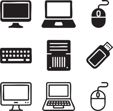 Computer hardware icon set featuring desktop laptop keyboard mouse flash drive and server icons