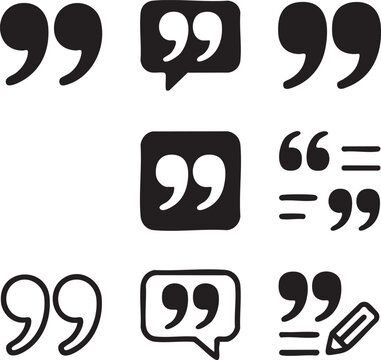 Quotation mark vector graphics set featuring various styles and presentation designs including speech bubbles and pencil icon set
