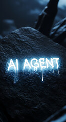 Poster - Ai agent glowing neon text on dark rough stone surface abstract concept
