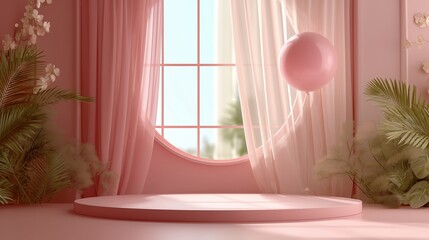 Poster - Bright and airy pink interior with a large window and a floating ball creates a playful and inviting atmosphere