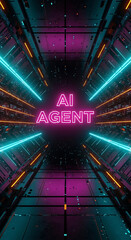 Poster - Futuristic ai agent concept displayed with neon lights and immersive digital tunnel