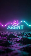 Poster - Futuristic ai agent concept with neon glowing typography and abstract digital landscape