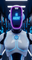 Poster - Futuristic ai agent depicted in a modern cyberpunk setting with neon blue and purple lighting