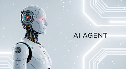 Poster - Futuristic ai agent depicted as a white cyborg with glowing eyes and circuitry background