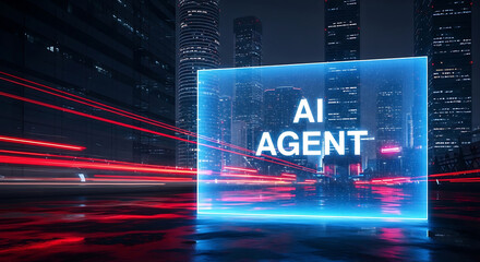 Poster - Futuristic ai agent interface overlayed on a modern metropolis at night with light trails