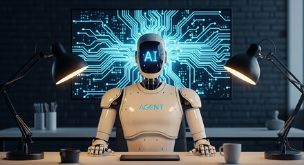 Poster - Futuristic ai robot agent working at a desk representing artificial intelligence and technology