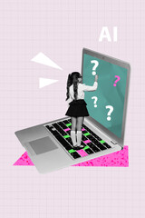 Poster - Vertical zine pop trend collage of happy schoolgirl stand laptop keypad artificial intelligence innovation software digital courses