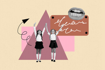 Poster - Image trendy art banner collage of two happy schoolgirls stand together classmates mouth teacher bubble communication speech