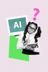 Poster - Poster image artwork pop collage of minded schoolgirl hold notepad pencil question mark prompt artificial intelligence robot