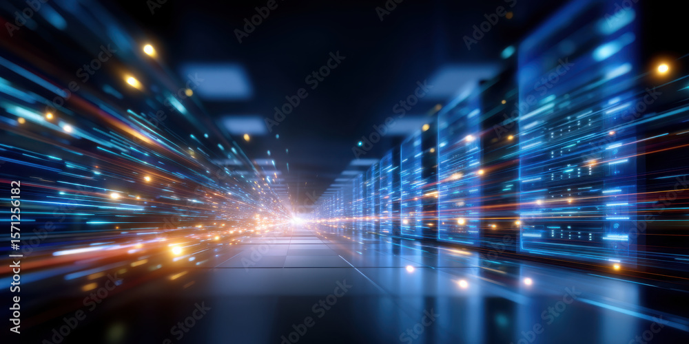 Digital data center with glowing blue server racks and fast light ...