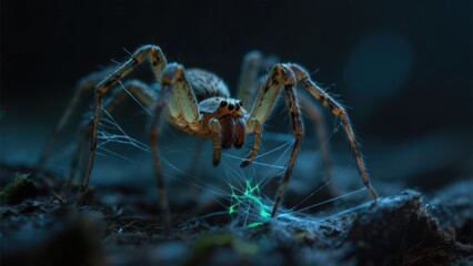 Close-up of a spider weaving its intricate web in a dark environment, highlighting its detailed legs and glowing silk strands.