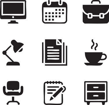 Minimalist office icon set in black and white featuring desk lamp,computer,calendar,chair,notepad,coffee cup and other equipment