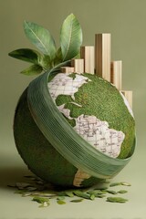 Aufkleber - Ecological Sustainability Concept Representation with Earth Globe Earth Nature Environment with Green Plants and Wooden Bar Graphs