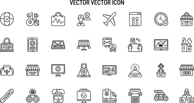 Collection of various black and white line art icons on a white background