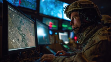 Poster - Focused depiction of an Army IT professional in a Military Operation Center deeply engaged in monitoring satellite surveillance data. The scene illustrates the vital role of technology
