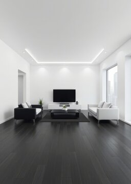 View of white living room in minimal style with black and white furniture on dark laminate floorinterior design with tv and sofa set on city background 3d rendering Empty room interior design Ultr