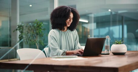 Poster - Research, employee and woman with laptop, office or checking campaign performance on social media. Browsing, online and happy with results on website, African person and brand specialist with tech