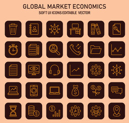 Poster - Sophisticated global market economics icons set showcasing editable vector elements and soft user interface designs