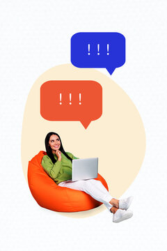 Image artwork composite 3D photo collage of talk chat speech cloud dialog young woman smile sit beanbag think hold laptop app social media